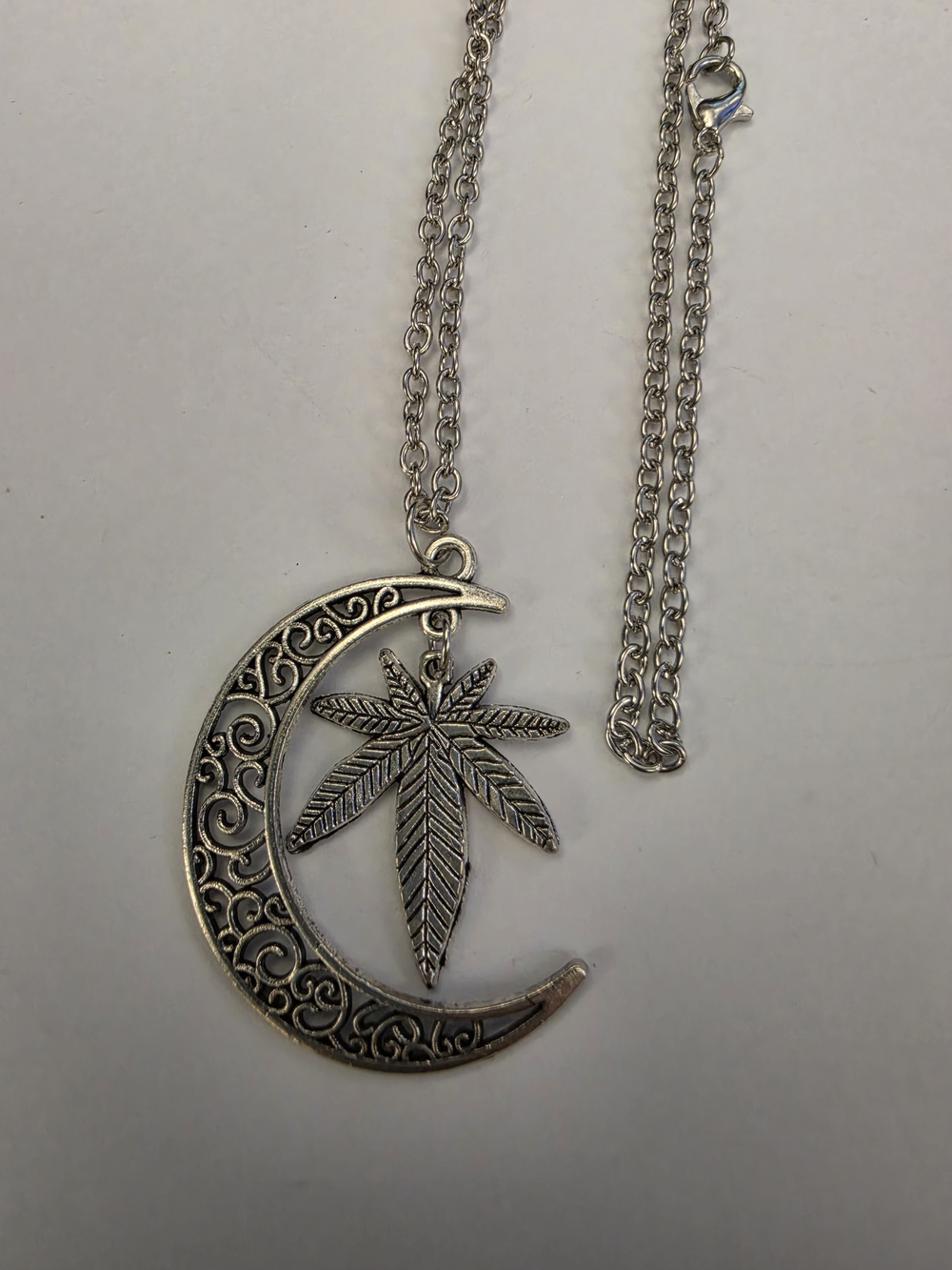 Silver Crescent Moon Pendant Necklace with Leaf Charm - Women Jewelry